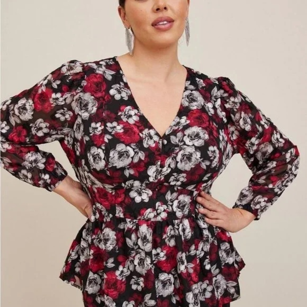 Torrid Peplum Chiffon‎ Clip dark Floral office casual Blouson Sleeve Top 0